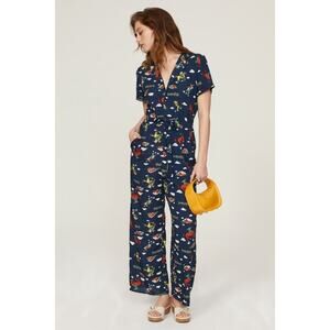 HVN Short Sleeve Gia Jumpsuit Navy Retro Cowboy Rodeo Print Size 6 Gently Used